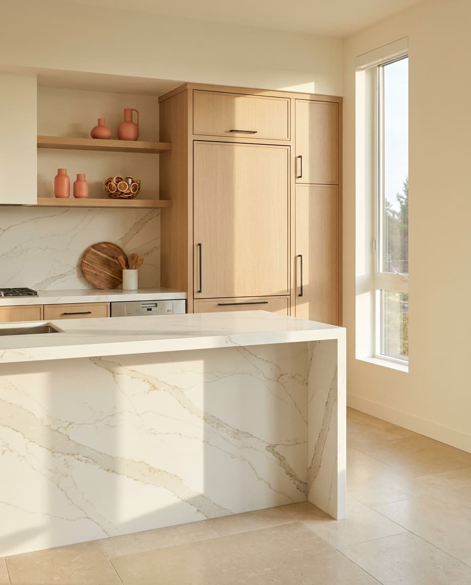 Designer-grade Eastside kitchen remodel — mitered waterfall island, panel-ready appliances