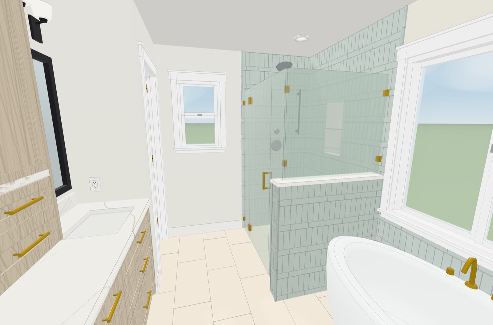Eye-level view of a designed master bathroom