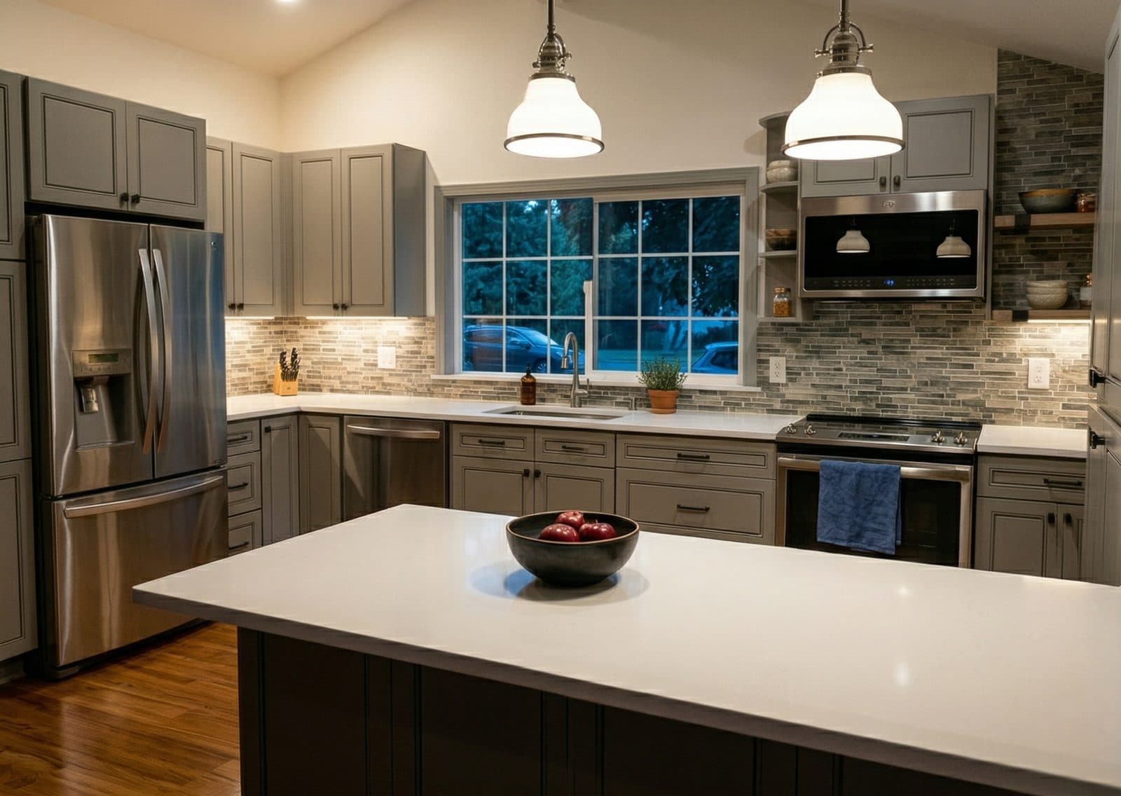 Gray Kitchen with Stone Backsplash