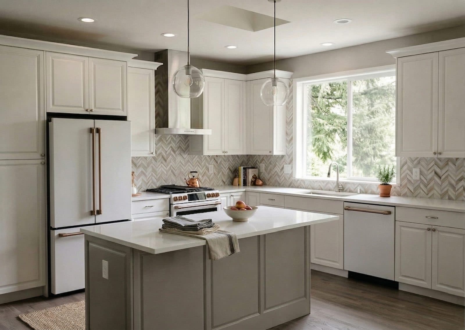 White Kitchen with Herringbone Backsplash