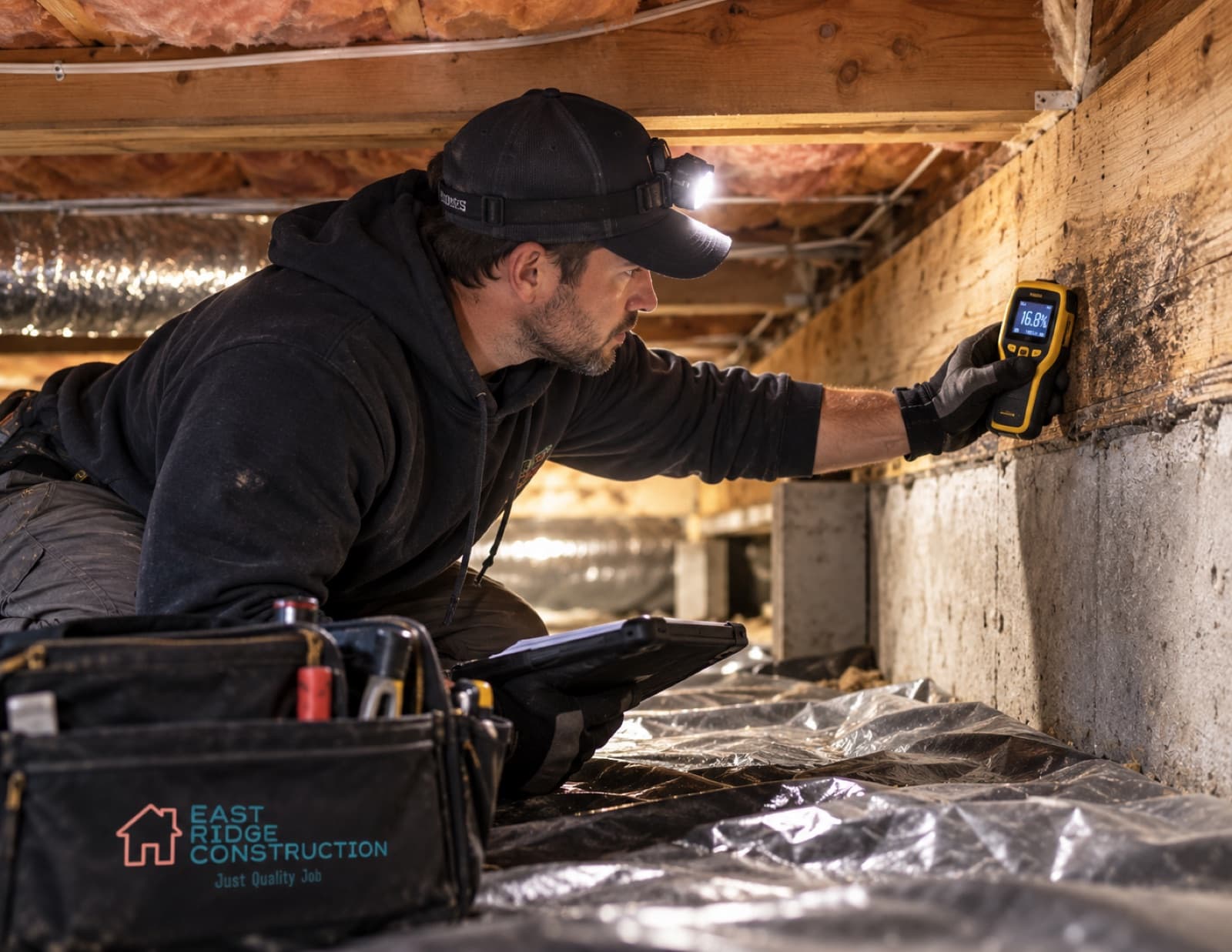 Crawl space inspection with a moisture meter