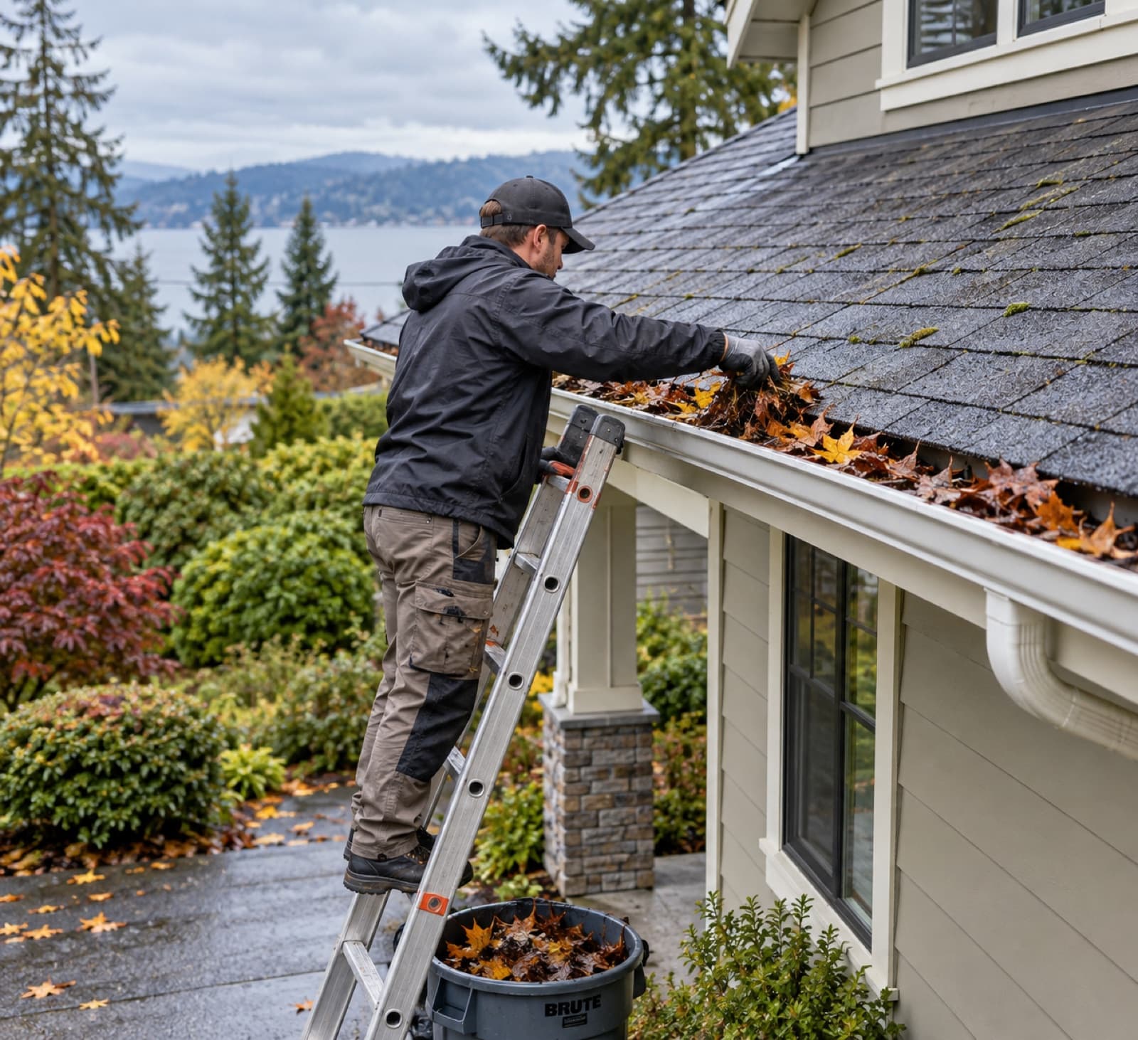 Seasonal maintenance — gutter clearing on an Eastside home