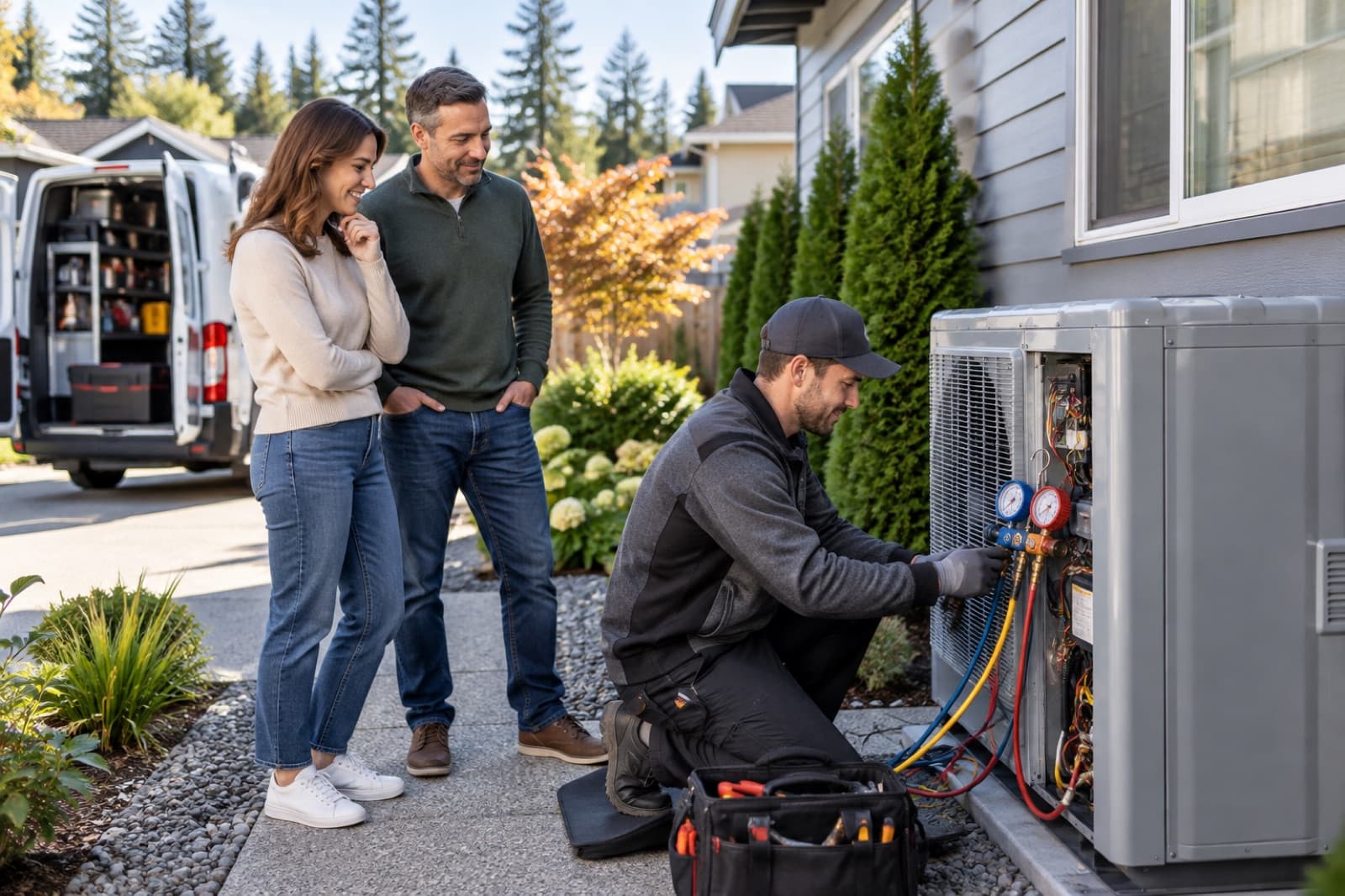 Heat pump service at the side of the house, with the owners looking on