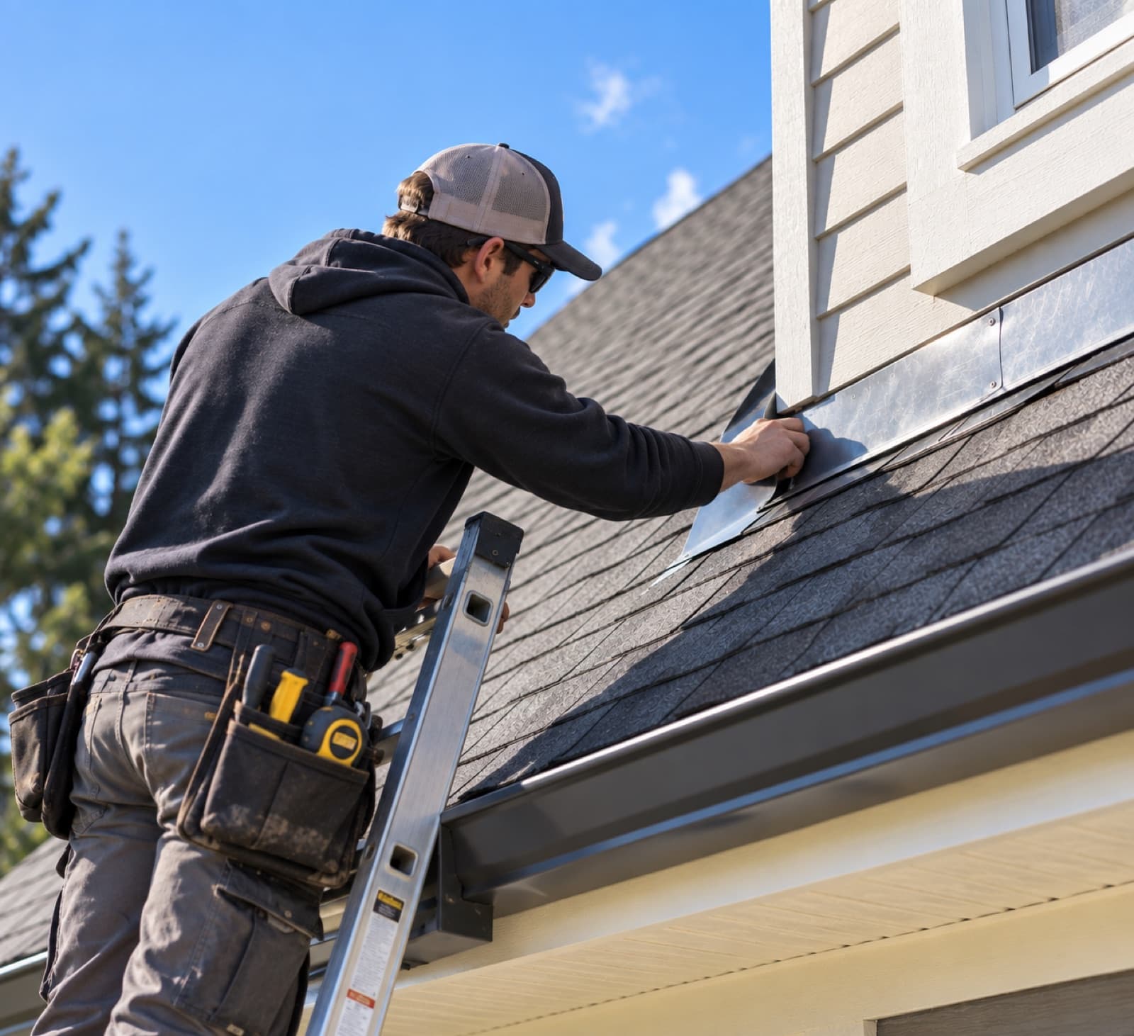 Checking roof flashings from a ladder